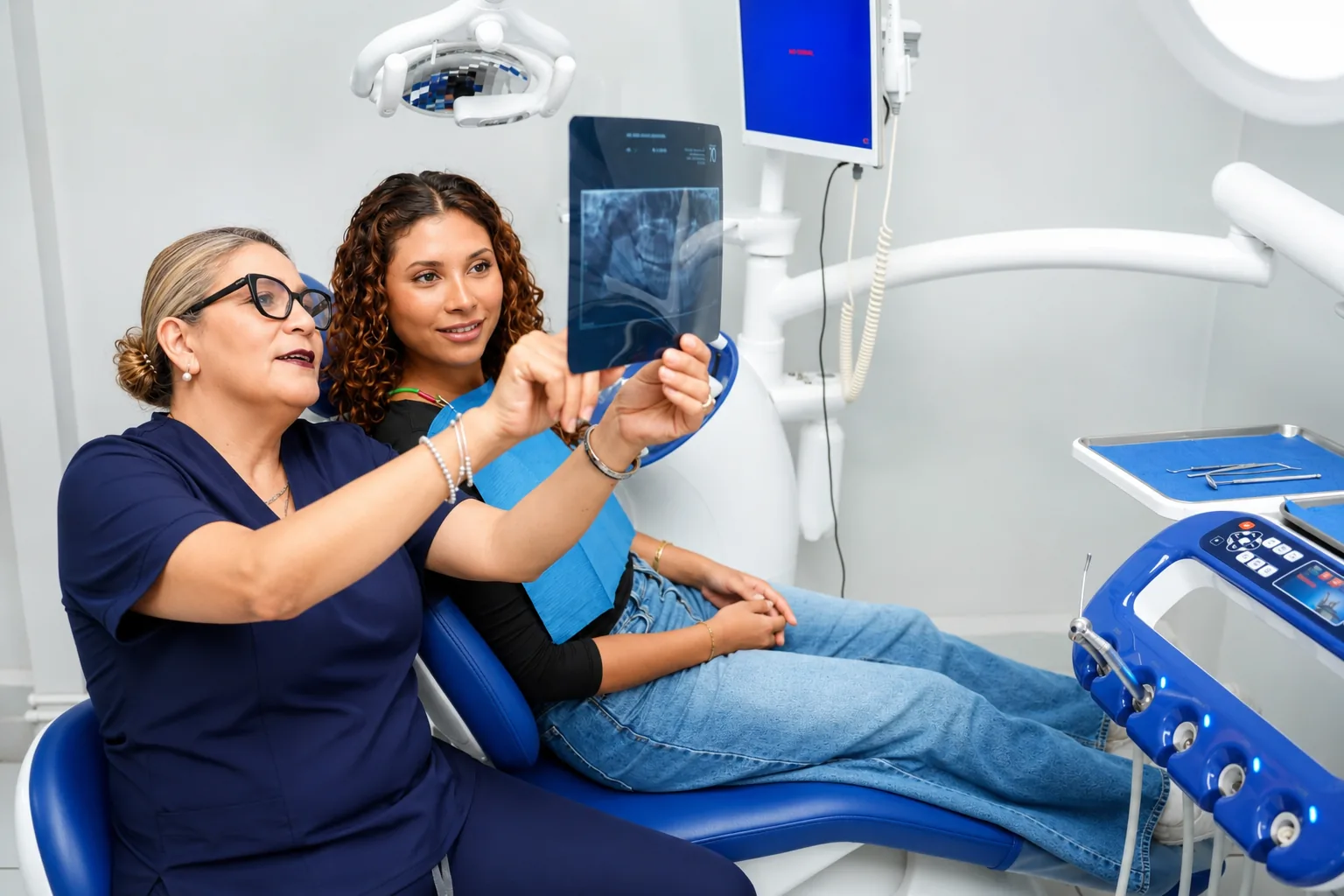 Dentista y paciente revisando juntas una radiografía panorámica
